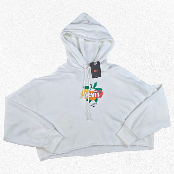 Levi’s White Cropped Graphic Hoodie California Fruit Logo Sweatshirt Size Medium - Picture 1 of 9